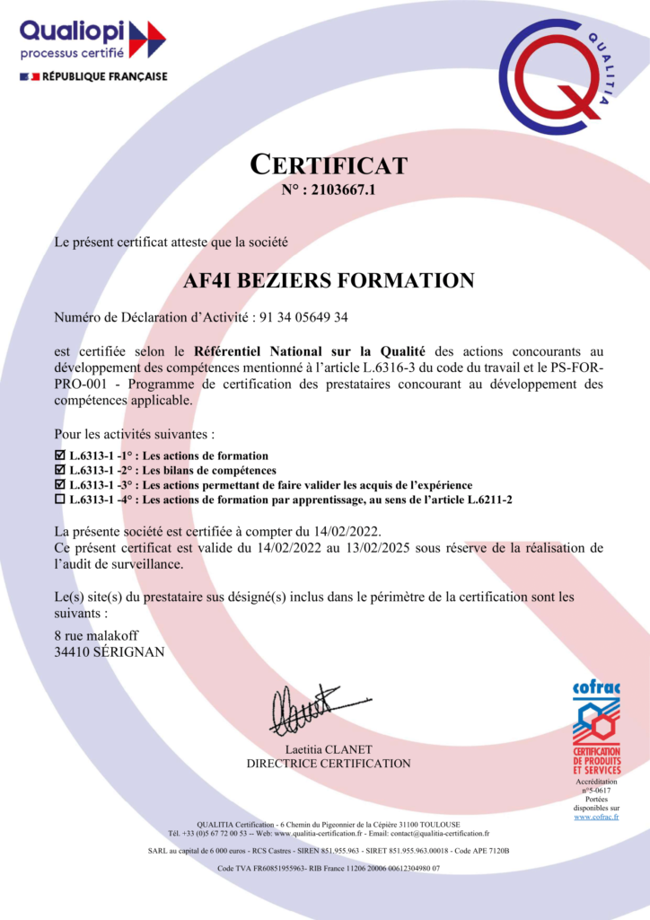 Certificat Qualiopi Béziers Formation 2025 Béziers Formation